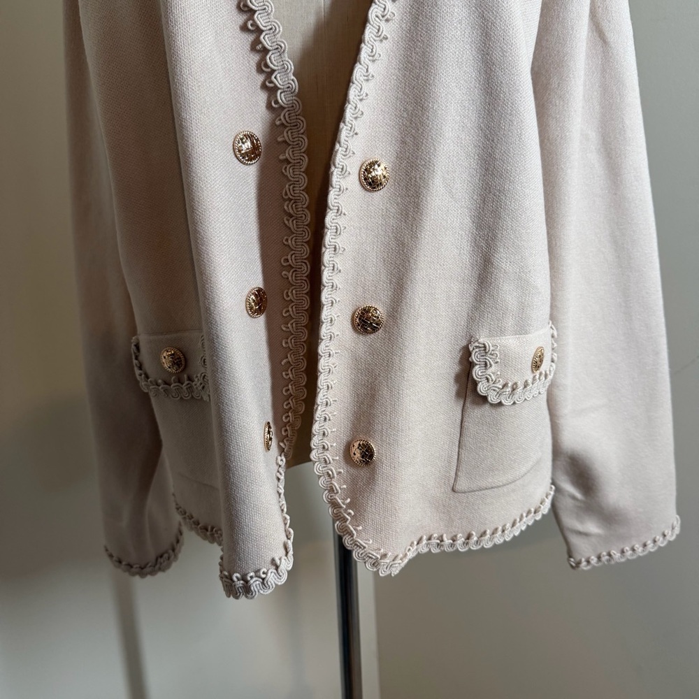 Sioni Women’s Open Front Knit Jacket with Trim Double Button in Winter White - Picture 5 of 12